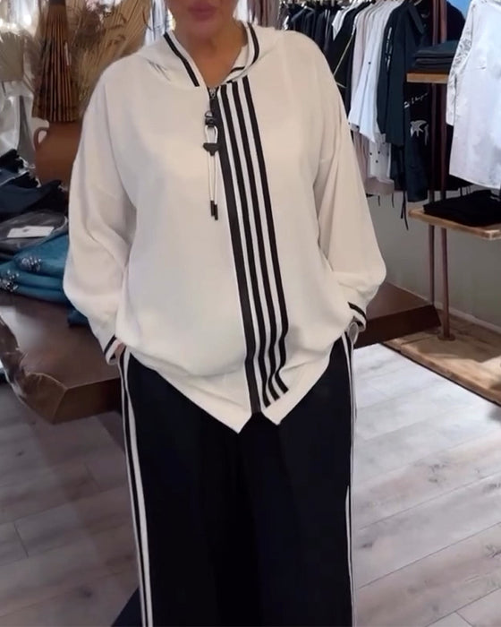 Hooded striped casual two-piece set