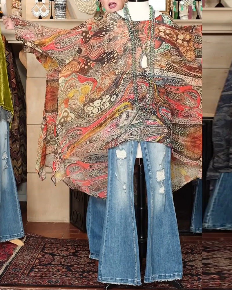 Loose Batwing Sleeve Print Blouse