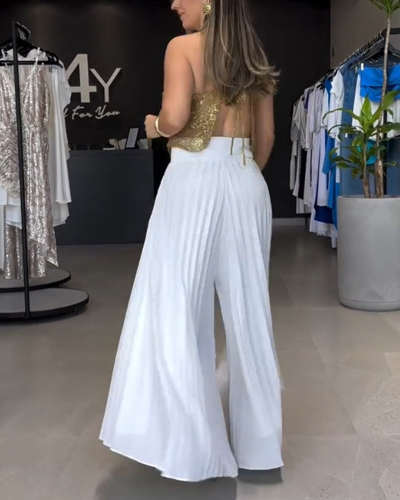 Pleated solid color sleeveless two-piece set