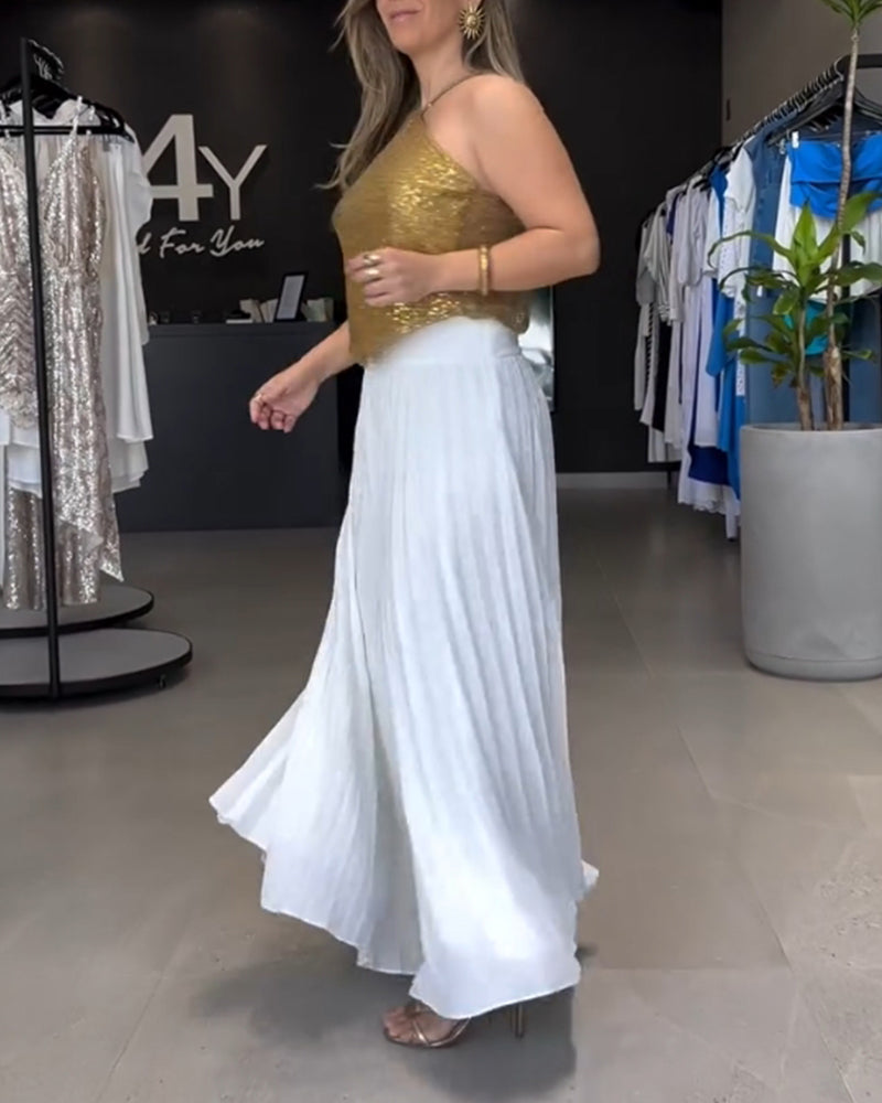 Pleated solid color sleeveless two-piece set