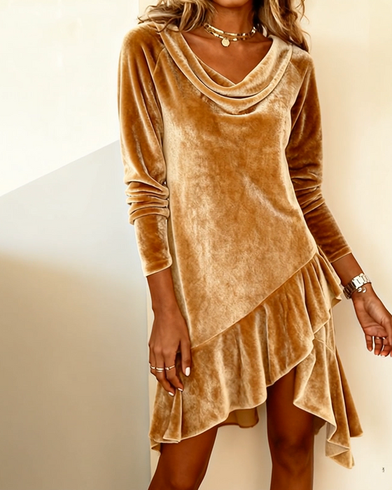 Slouchy Collar Ruffled Paneled Velvet Dress