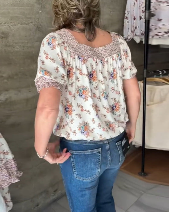 Print square neck short sleeve top