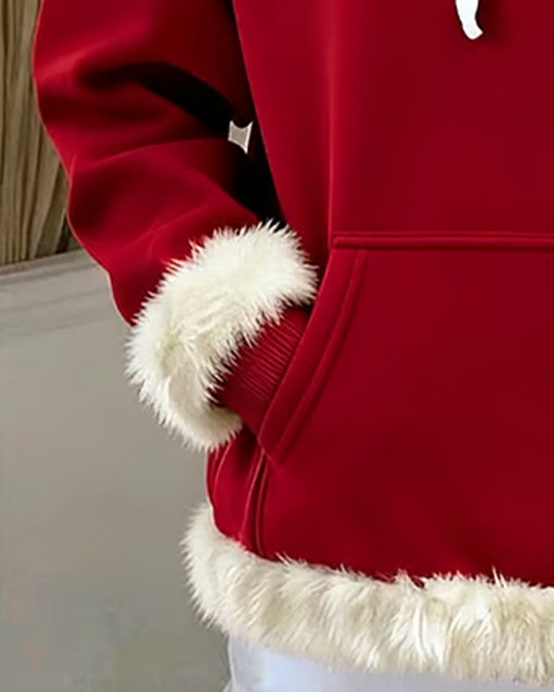 Furry Trim Hooded Pocket Sweatshirt