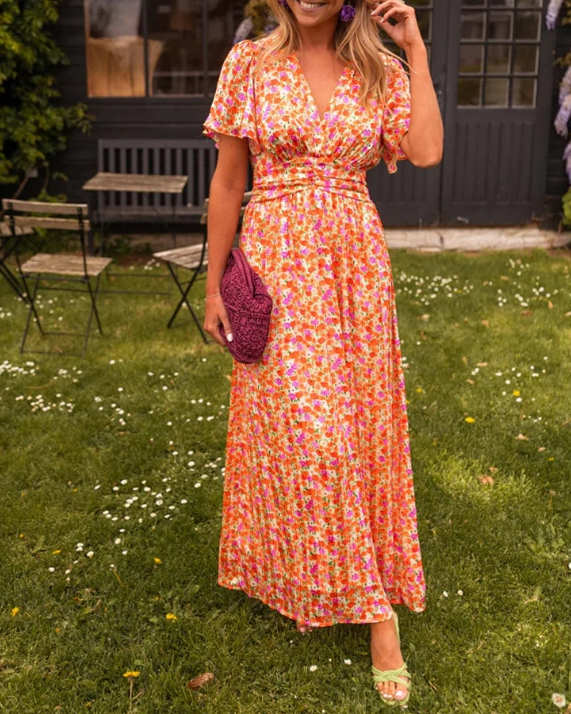 V-neck waist floral dress
