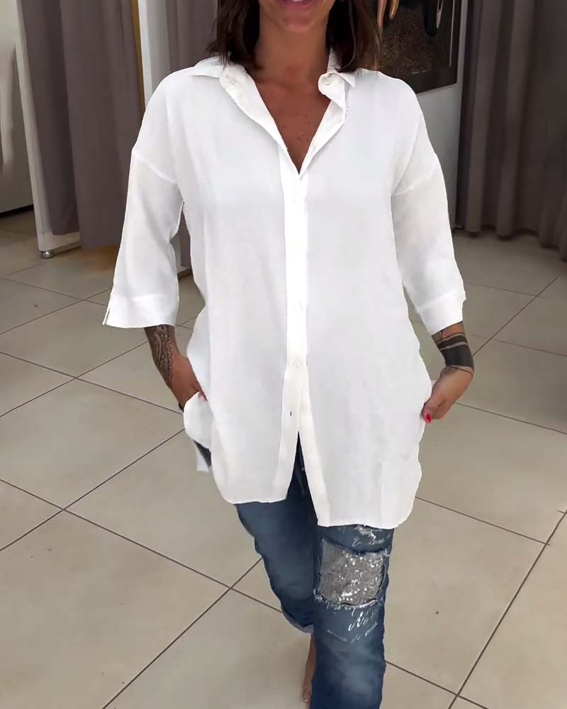 Lapel solid color button-down shirt