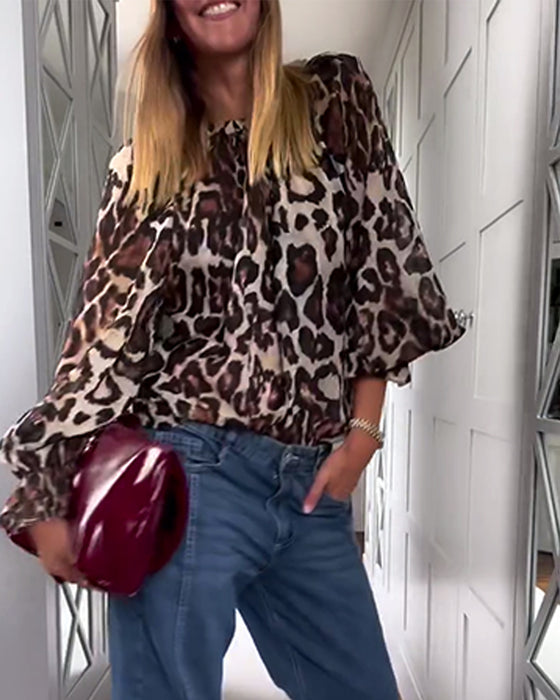 Fashionable Puff Sleeve Leopard Print Top