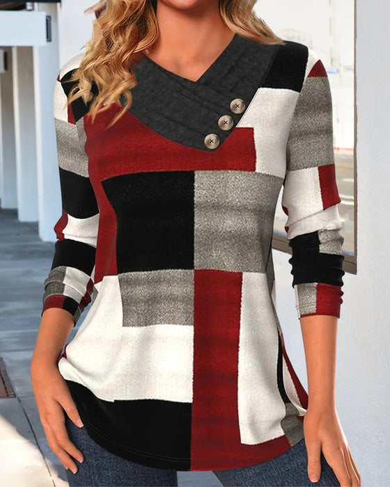 Colorblock Top V-Neck Long Sleeves
