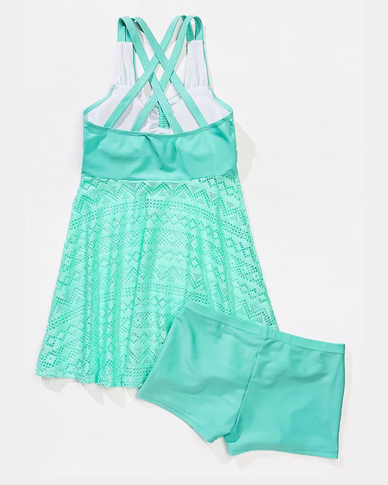 Solid Color Lace Panel Tankini