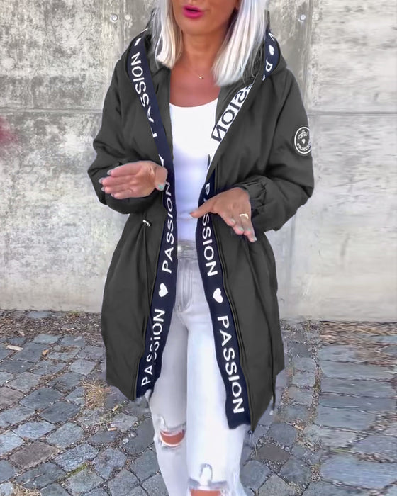 Casual letter print drawstring hooded coat