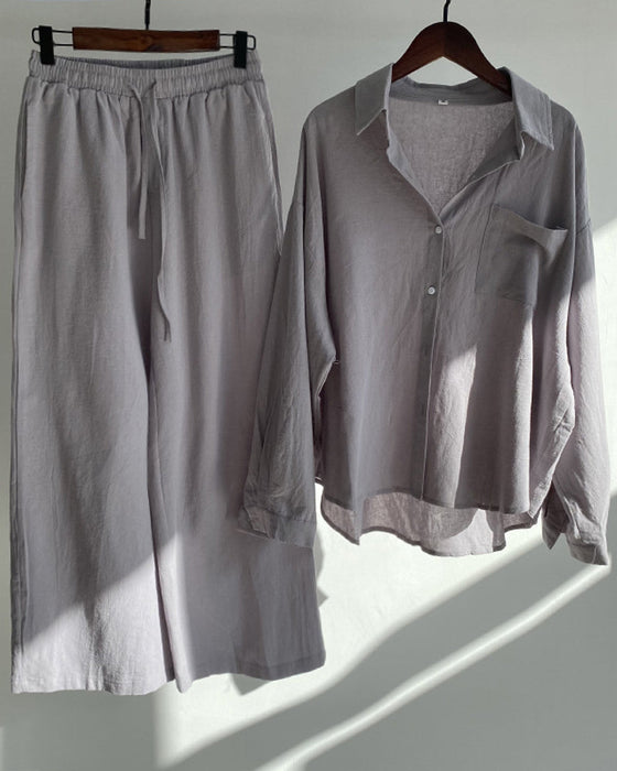 Solid color shirt pants two piece set