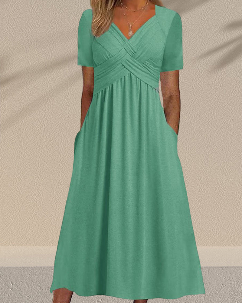 Solid color v neck dress