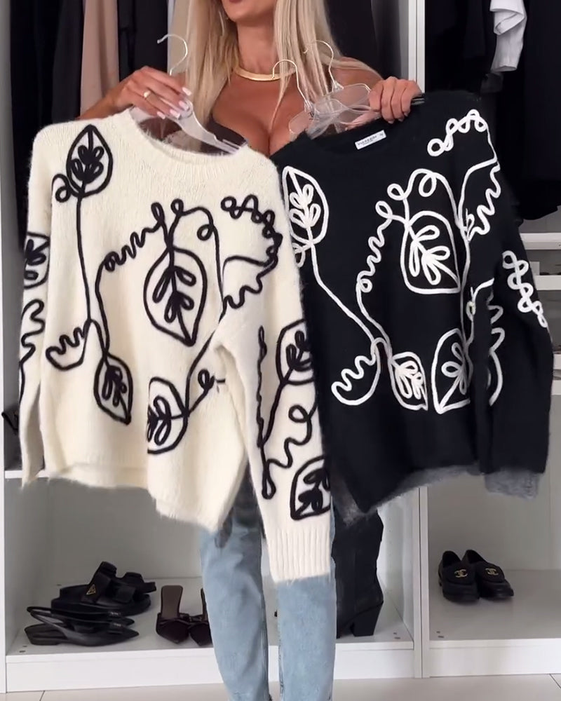 Leaf print long sleeve pullover