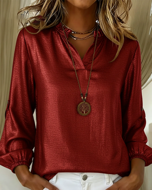 Ruffled Solid Color V-Neck Blouse
