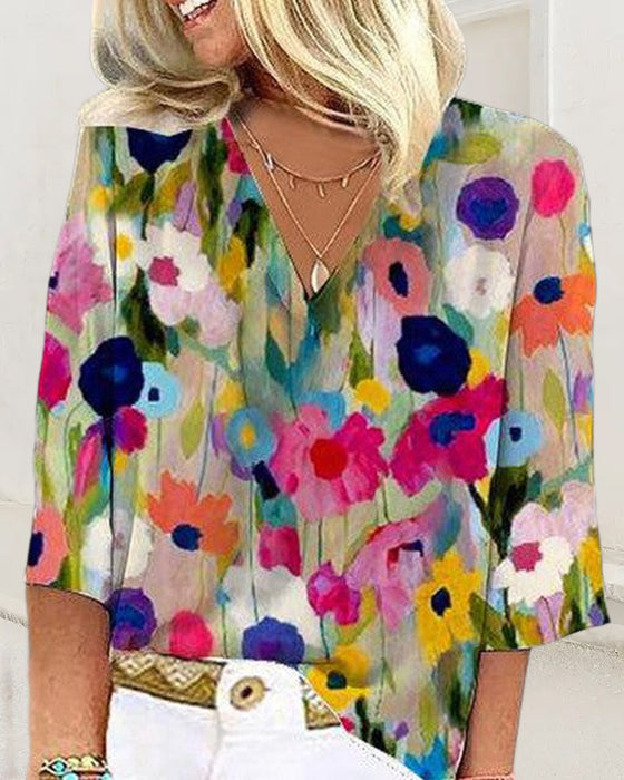 Colorful floral print V-neck three-quarter sleeve casual shirt