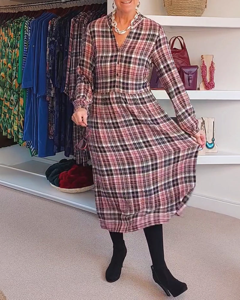 Long-Sleeved V-Neck Plaid Dress