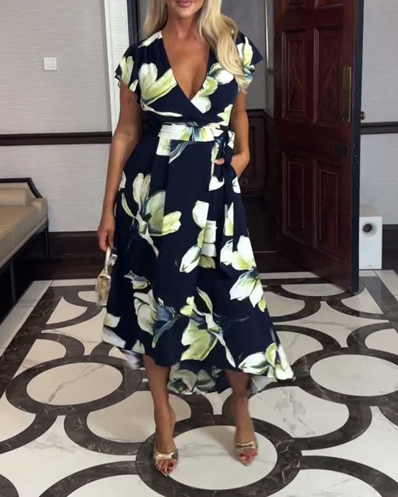 V-Neck Floral Print Waisted Short-Sleeved Dress