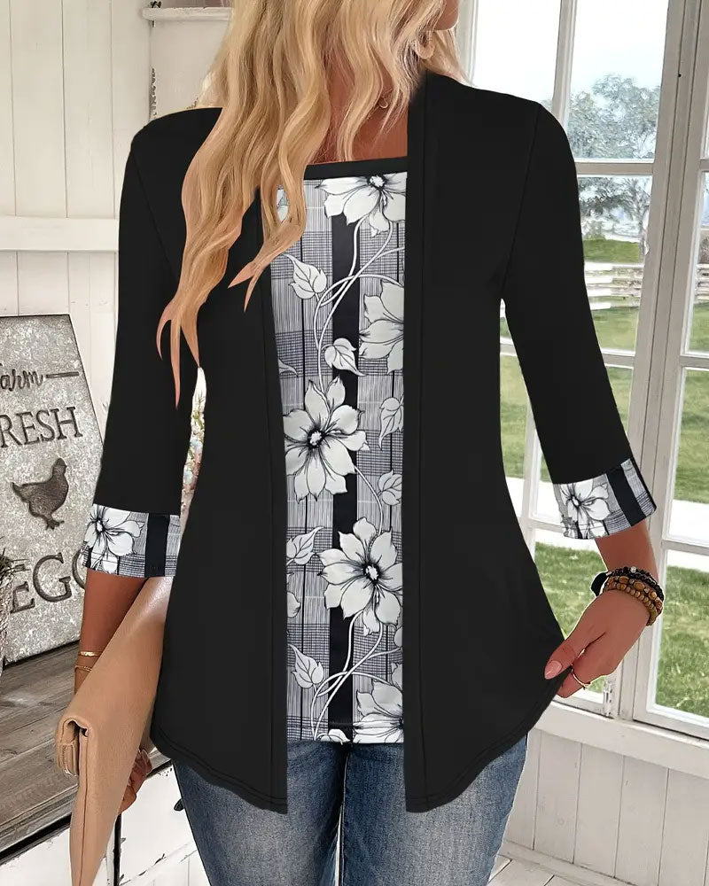 Printed Fake Two-Piece Long-Sleeved Top