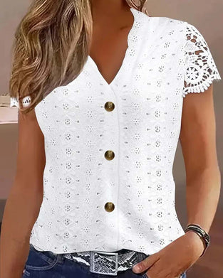 Solid Color Hollow Short-Sleeved Blouse
