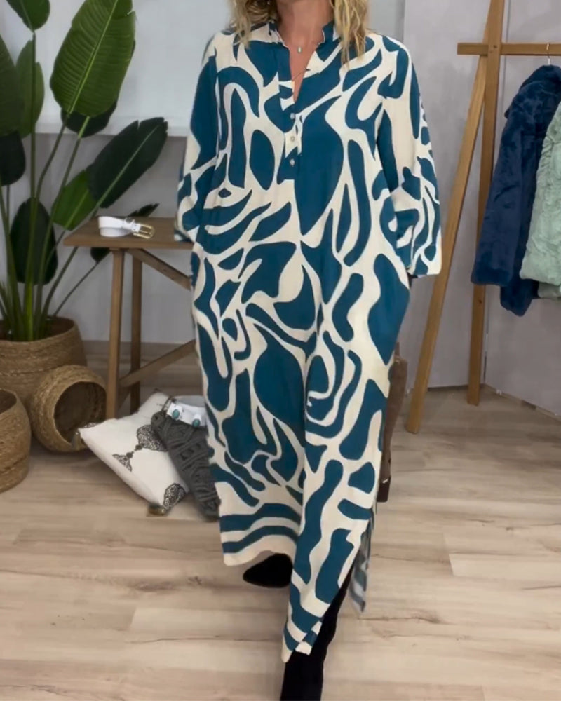 Lapel side slit printed dress