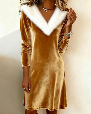 Fur-Collar Long-Sleeved Fitted Dress