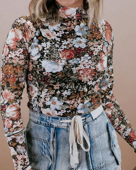 Colorful Floral Print Long-Sleeved Top