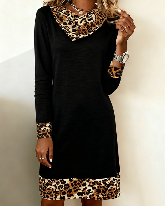 Turtleneck Leopard Print Patchwork Dress