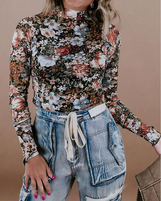 Colorful Floral Print Long-Sleeved Top