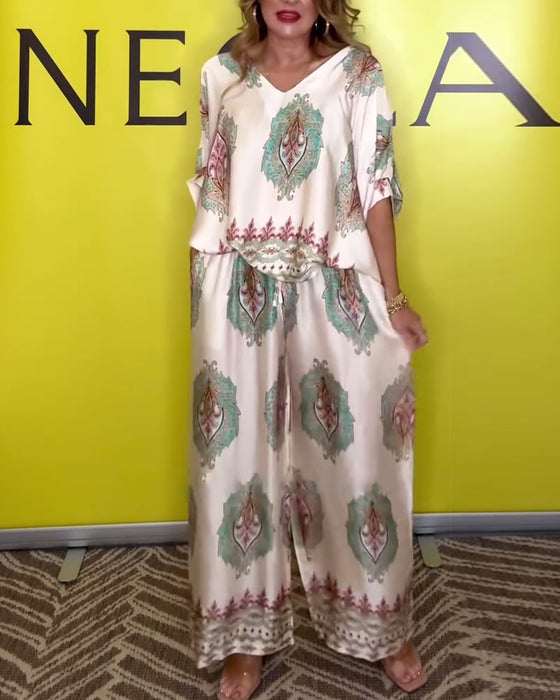 Temperament V-Neck Cashew Flower Wide-Leg Set