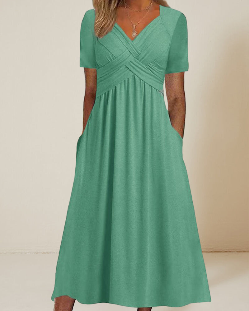 Solid color v neck dress