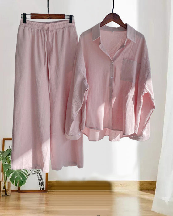 Solid color shirt pants two piece set