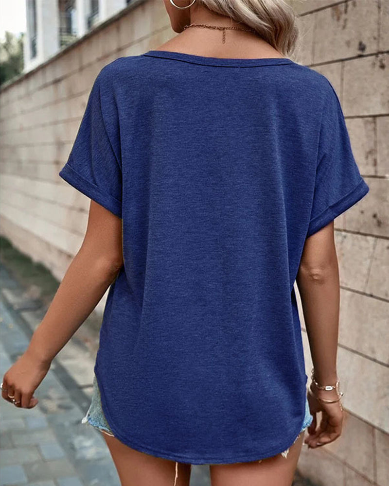 V-neck Hollow Out T-shirt with Short Sleeves