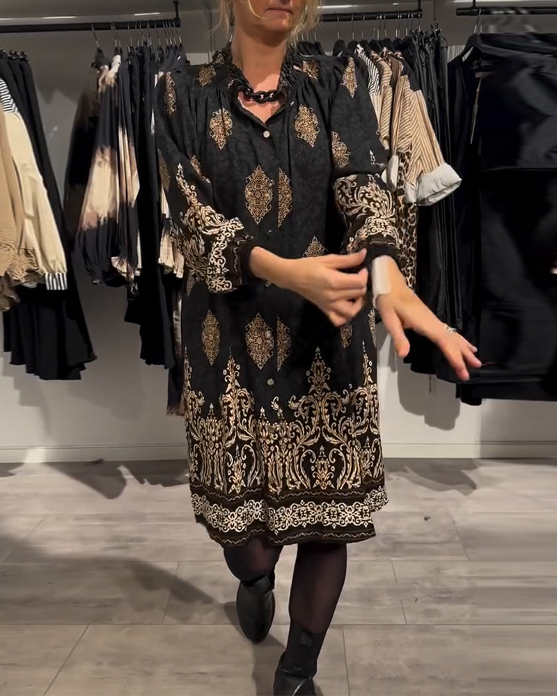 Lapel button-down vintage print dress