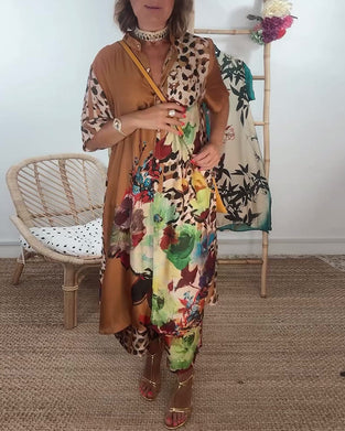 Retro fashion contrasting print two-piece set