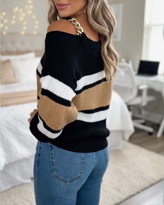 Metal Buttoned Striped Pullover Sweater
