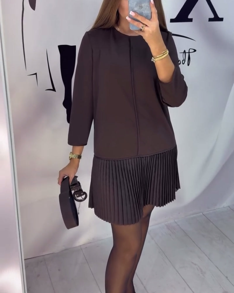 Three-Quarter Sleeve Accordion Pleated Dress