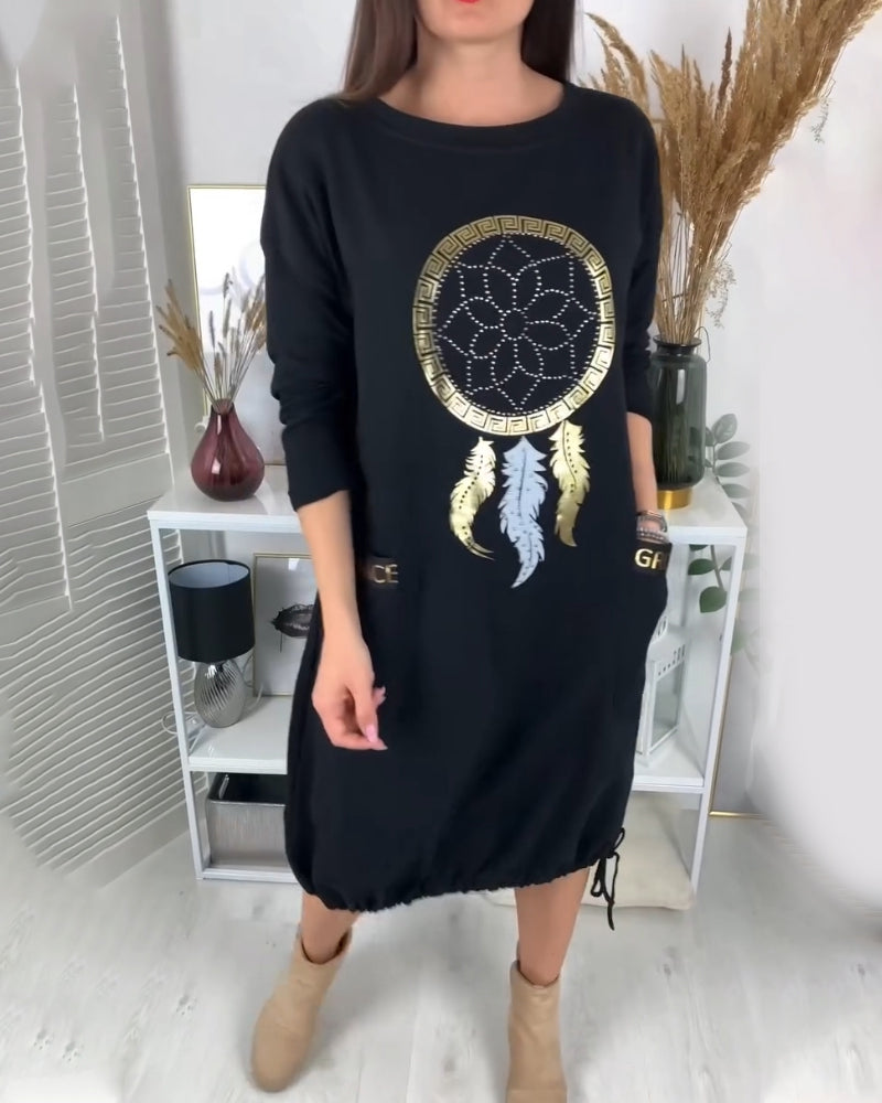 Drawstring round neck pockets dress