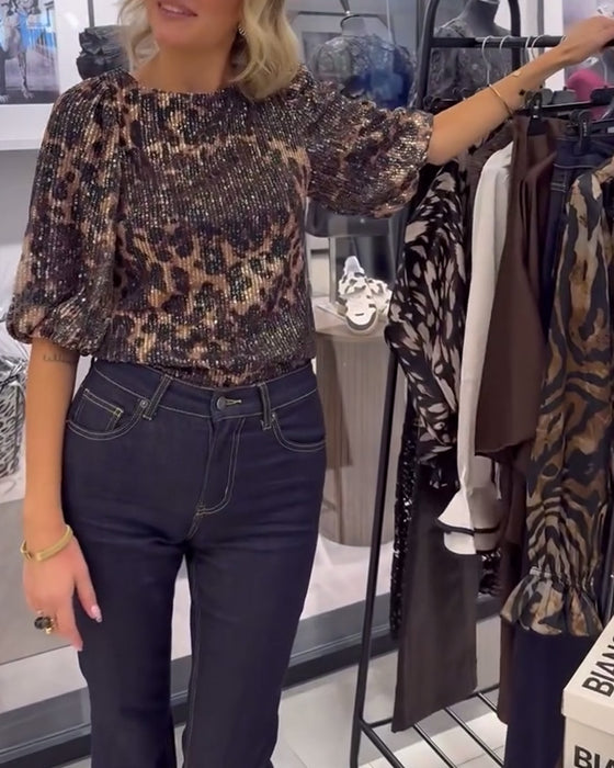 Lantern-Sleeve Sequined Leopard-Print Blouse