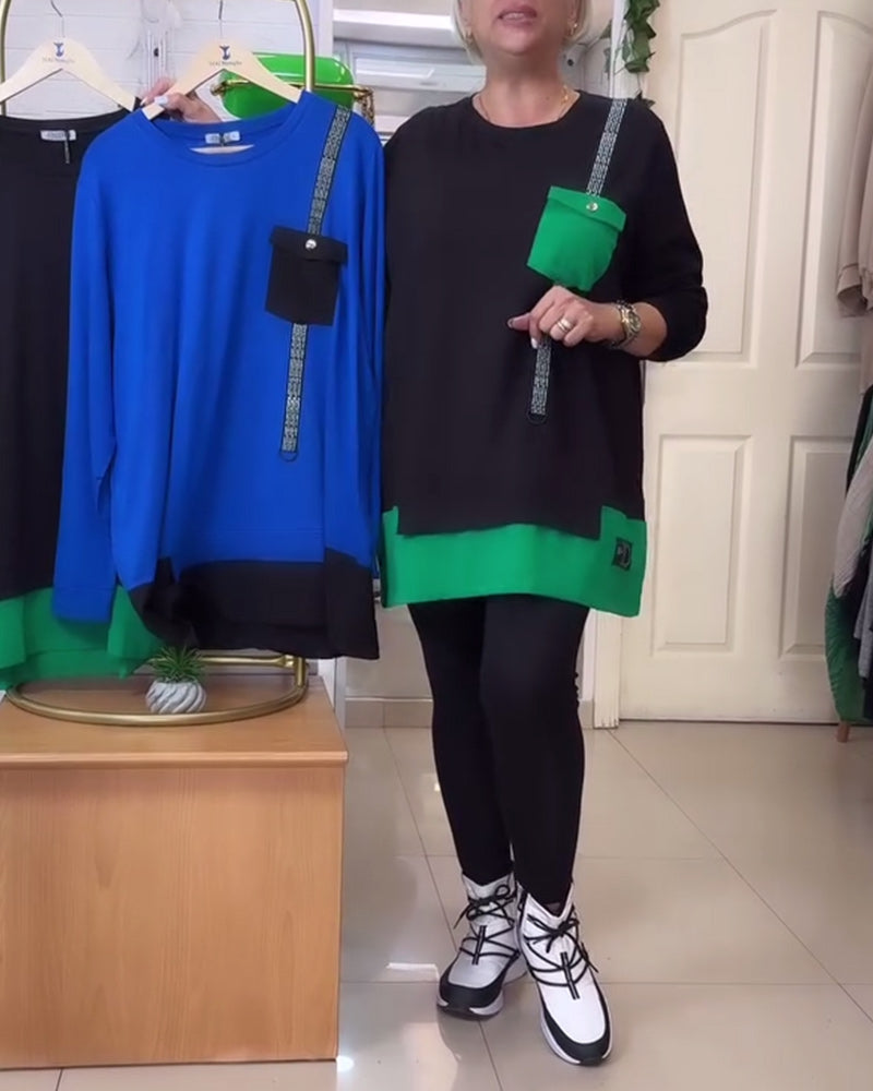 Casual Round Neck Pocket Contrast Color Sweatshirt