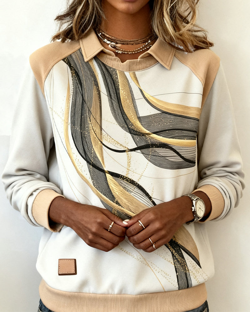 Long-Sleeved Lapel Printed Sweatshirt
