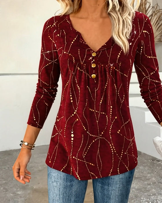 Printed Button-Down V-Neck Top