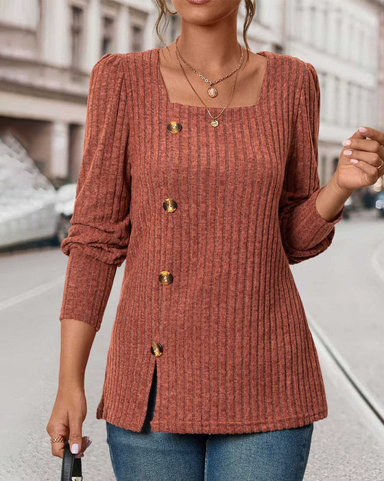 Square collar button-up solid color top