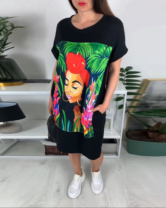 Portrait Printed Round Neck Dress