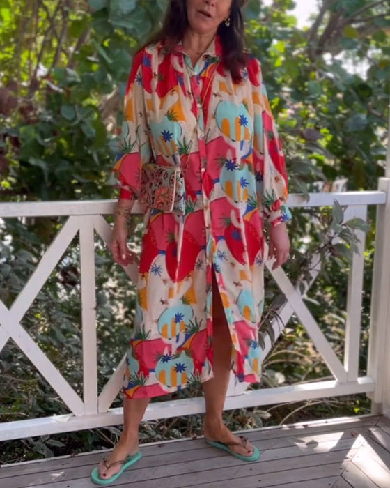Printed lapel long sleeve dress