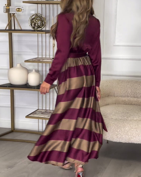 Elegant striped printed lapel strap dress