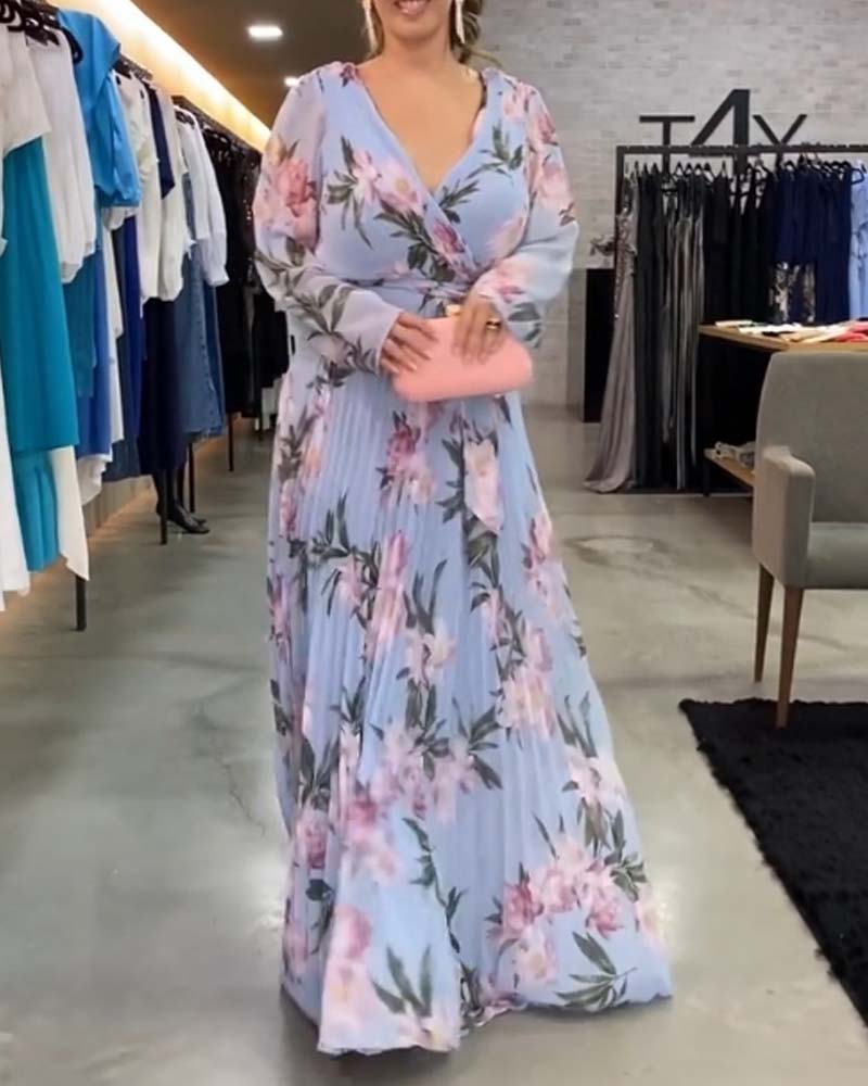 V-Neck Long Sleeve Floral Print Dress