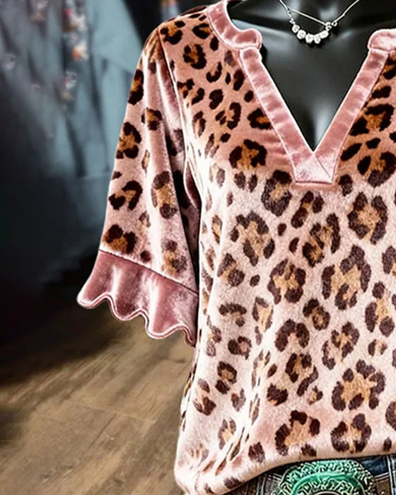 V-Neck Leopard Print Short-Sleeved Blouse