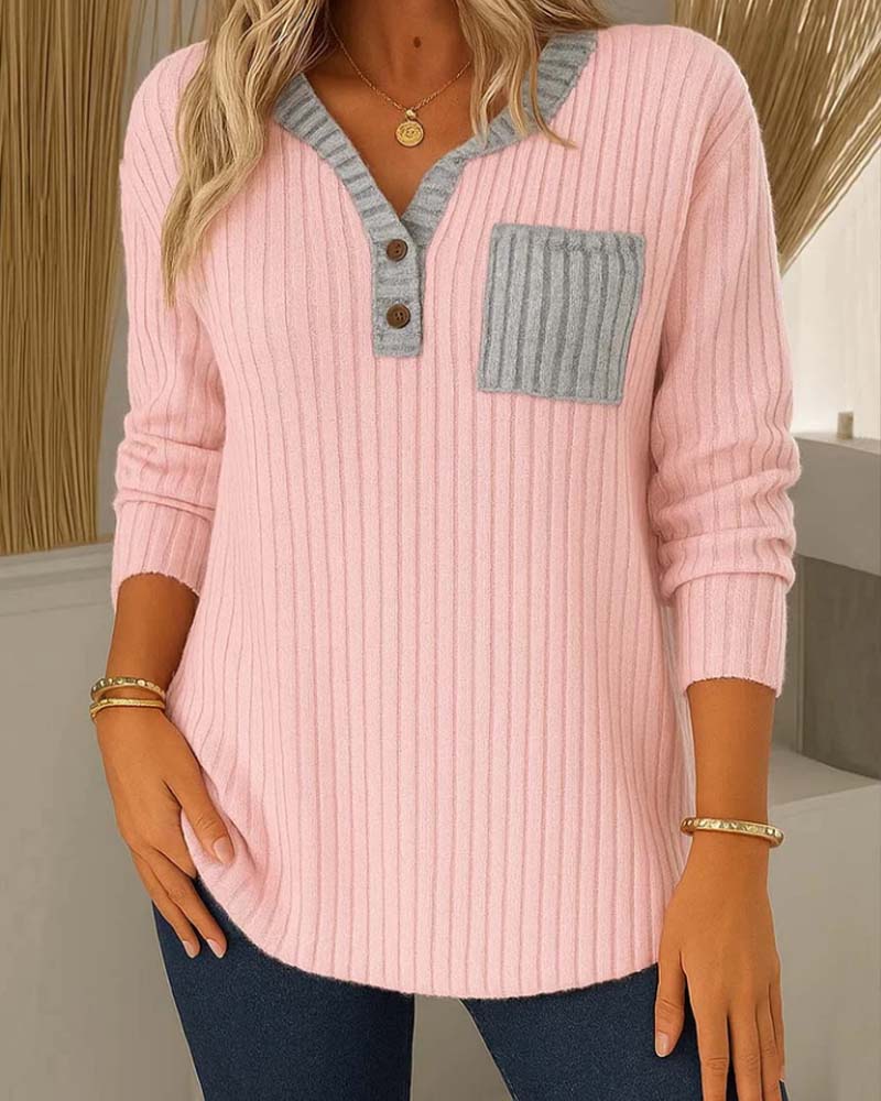Pitted V Neck Long Sleeve Top