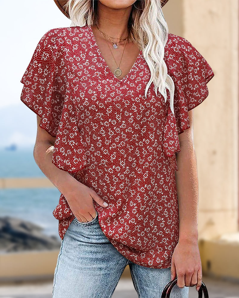 V-neck and flower print short-sleeved blouse