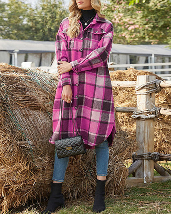Buttoned lapel plaid coat