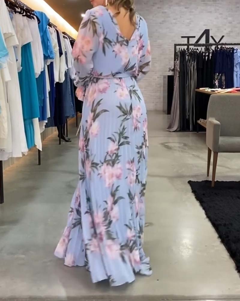 V-Neck Long Sleeve Floral Print Dress